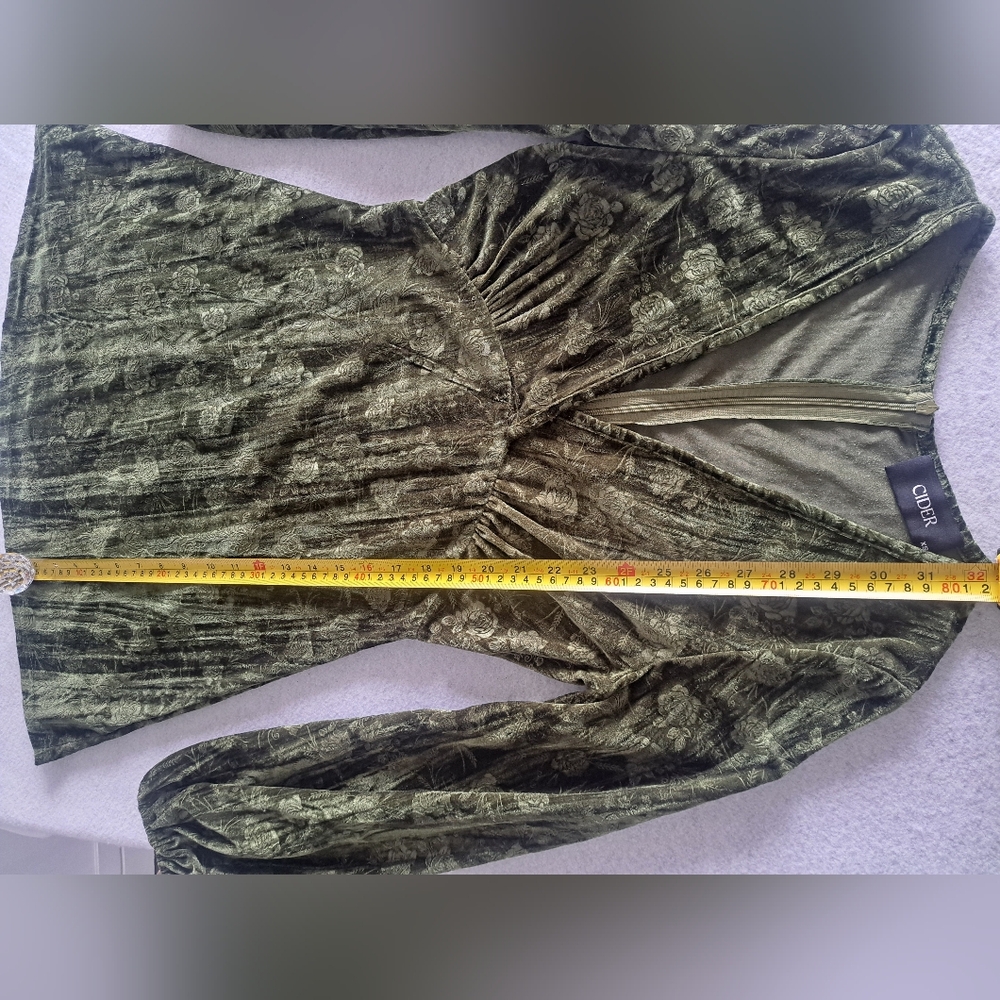 Cider Olive Velvet Floral Rose Long-Sleeve V-Neck Bohemian Whimsigoth Mini Dress - Picture 11 of 15